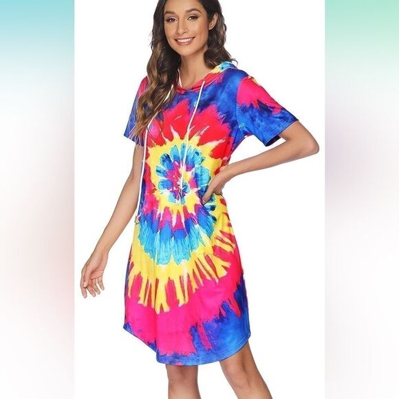 Arshiner Short Sleeve Dress Tunic T-Shirt Tie Dye Hooded sz small - Picture 1 of 7